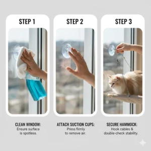 Step-by-step diagram showing how to attach suction cups for a secure cat window seat.