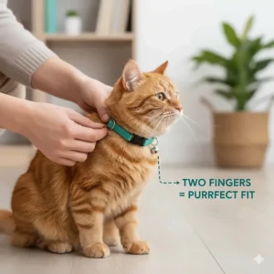 A helpful diagram showing how to measure a cat's neck for a comfortable collar fit using the two-finger rule.