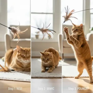 A sequence of images or a single shot demonstrating proper technique for moving the Da Bird toy to maximize a cat's hunting drive.