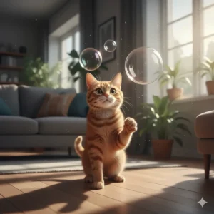 An indoor cat engaging with floating bubbles, highlighting enrichment for house cats.