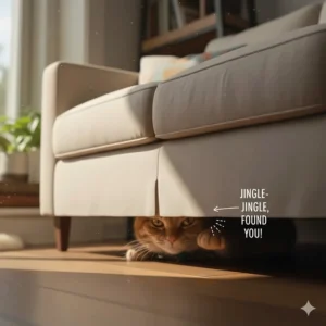 Illustration of a cat hiding under a sofa, showing how a bell on the collar helps owners locate their pets indoors.