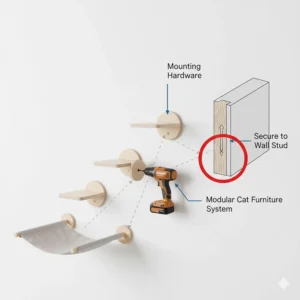 Diagram showing the simple, secure installation process for the modular cat furniture wall system, highlighting placement of mounting hardware into wall studs.