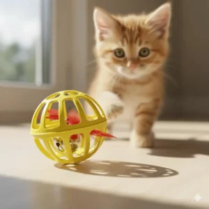 A bright plastic ball cat toy with an internal jingle bell for auditory stimulation.
