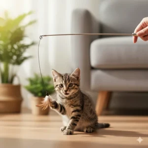 An adorable kitten batting at the flexible string and wand of its new cat fishing rod toy.