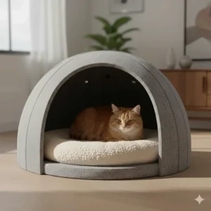 Cross-section showing a large covered or cave cat bed with ample space, a removable cushion, and breathable material, ideal for overweight cats who love to burrow.