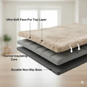 A diagram showing the three-layered, insulating material construction of the thick and warm pet blanket for a cat.
