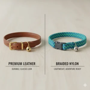 Comparison of different materials for cat collars with bells, including premium leather and durable braided nylon.