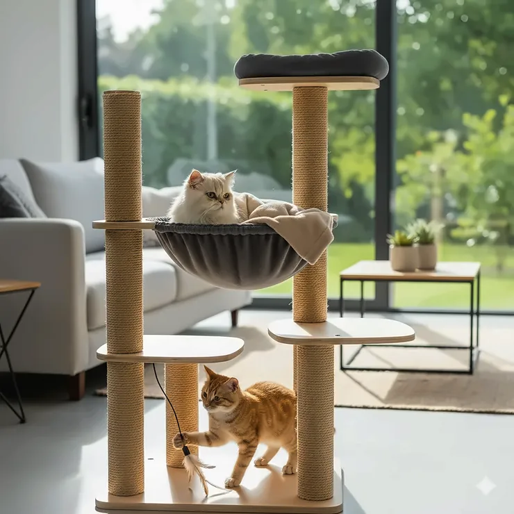 A modern multi-level wood cat tree with a plush grey hammock and scratching posts in a sunny living room. cat tree with hammock