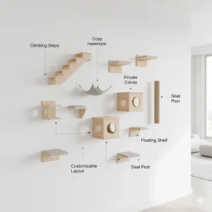 An infographic displaying the various modular components (steps, shelves, beds) that make up a customizable wall-mounted cat furniture system.