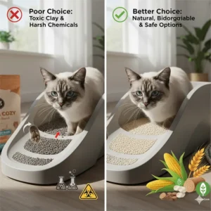 Illustration of natural, biodegradable cat litter options that are safe and non-toxic for senior cats.