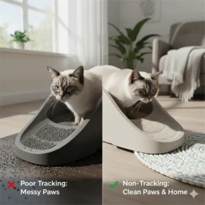 Illustration of non-tracking cat litter granules designed to stay in the box and off the paws of senior cats.