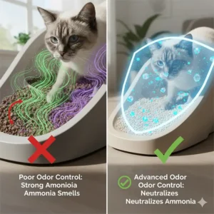 Diagram showing how advanced odor control in cat litter neutralizes strong ammonia smells from older cats.