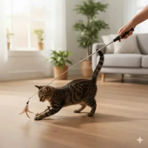 An owner happily engaging their tabby cat using a long cat fishing rod toy to encourage exercise.