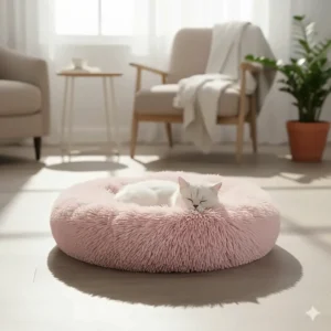 A stylish pink fluffy cat bed doughnut placed on a wooden floor in a cozy living room setting.