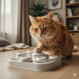 An older cat is working to extract kibble from a food puzzle feeder, demonstrating how these engaging toys provide mental stimulation for senior felines.
