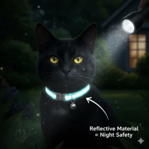 Illustration of a reflective cat collar with a bell glowing under a flashlight for nighttime visibility and safety.