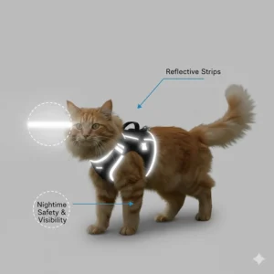 Illustration of an escape proof cat harness with integrated reflective strips for nighttime safety and visibility.