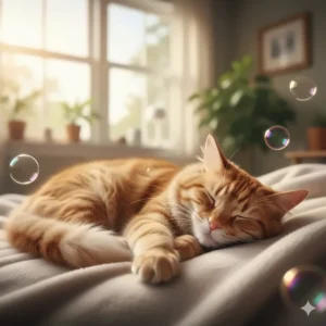 A happy cat resting after a play session with bubbles, illustrating the calming effects of catnip.