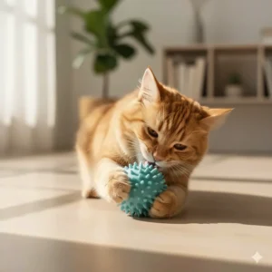 A textured rubber ball cat toy that helps clean teeth and massage gums during play.