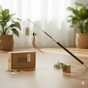 Highlighting the safe, non-toxic materials used in the manufacture of the popular cat fishing rod toy.