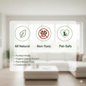A graphic showing the non-toxic, pet-safe ingredients used in catnip bubble solutions.