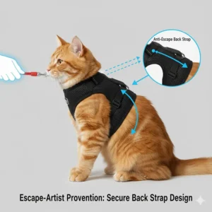 Illustration showing how the specialized back straps of an escape proof cat harness prevent cats from backing out of the gear.