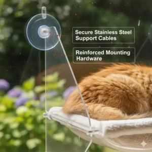 Diagram highlighting the reinforced stainless steel support cables of a cat window hammock.