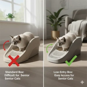Illustration showing the height difference between a standard litter box and a low-entry box designed for senior cats with mobility issues.