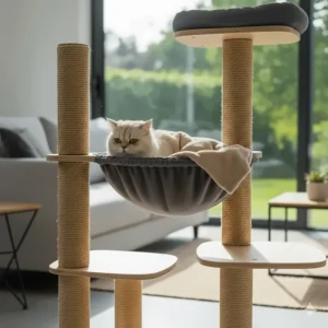 Natural sisal rope scratching posts integrated into a multi-tier cat tree with a side hammock.