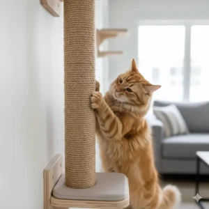 A vertical section of sisal rope scratching post integrated into the wall-mounted cat furniture, encouraging healthy scratching behavior.