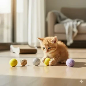 A set of lightweight small ball cat toys perfectly sized for kittens to carry.