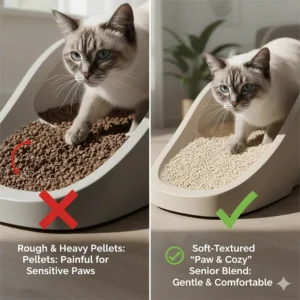 Illustration of soft-textured litter granules that are gentle on the sensitive paws of aging cats.