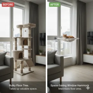 Comparison of a bulky floor cat tree versus a space-saving cat window hammock in a small apartment.