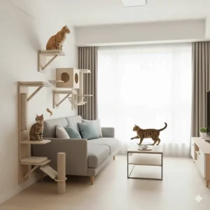 An image showing how the sleek, wall-mounted cat tree setup maximizes space in a small apartment or studio, leaving the floor clear.