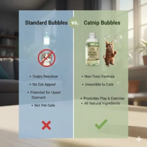 A comparison chart showing why catnip bubbles are better for cats than regular soapy bubbles.