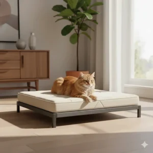 A stylish, modern cat bed that is extra-wide, blending into home decor while accommodating the size and weight of a large or fat cat.