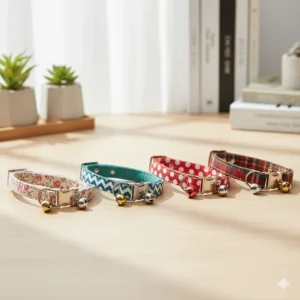 A variety of colorful and patterned cat collars with bells, featuring floral, geometric, and solid color designs.