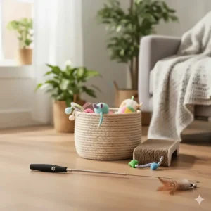 The telescopic cat fishing rod toy fully retracted and neatly stored next to a basket of other kitten accessories.