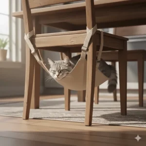 A space-saving cat hammock attached to the legs of a dining room chair with adjustable straps.