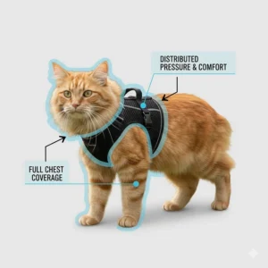 Illustration of a vest-style escape proof cat harness showing full chest coverage for distributed pressure and comfort.