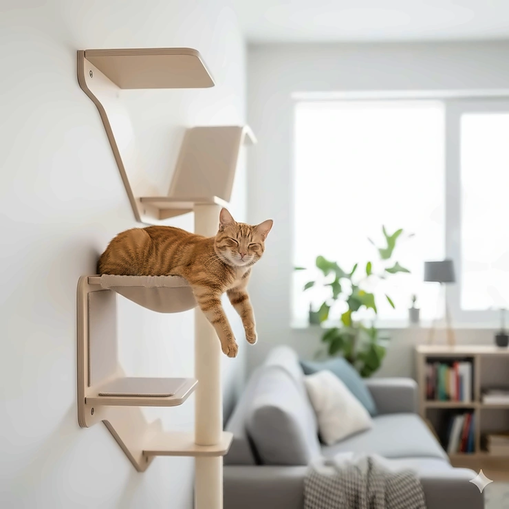 A happy orange tabby cat lounging comfortably on a modern wall-mounted cat furniture shelf system overlooking a living room, illustrating space-saving and vertical enrichment for felines. cat furniture wall mounted