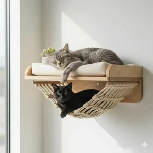 A modern wall-mounted cat hammock with a minimalist wooden shelf design.