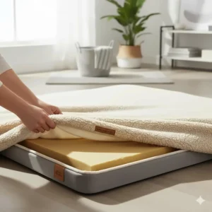 Image showing the easy-to-remove, machine-washable cover of a bed for large cats, emphasizing convenience for pet owners.