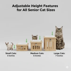 A technical drawing showing various height settings for an adjustable elevated cat bowl tailored for different senior cat sizes.