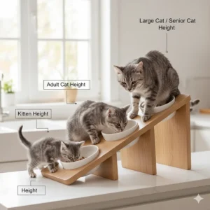 A multi-level elevated cat bowl showing three different height settings for kittens and adult cats.