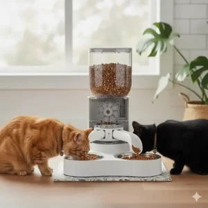 Internal diagram of an automatic cat feeder for multiple cats featuring an anti-clogging impeller to ensure reliable meal delivery.