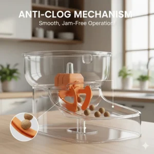 Internal view of an automatic cat feeder's rotating impeller designed to prevent kibble jams.