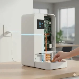 Illustration of the dual power supply feature, showing batteries and a plug for a wet food cat feeder.