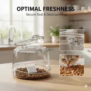 Close-up illustration of a secure twist-lock lid and desiccant bag inside an automatic cat feeder.