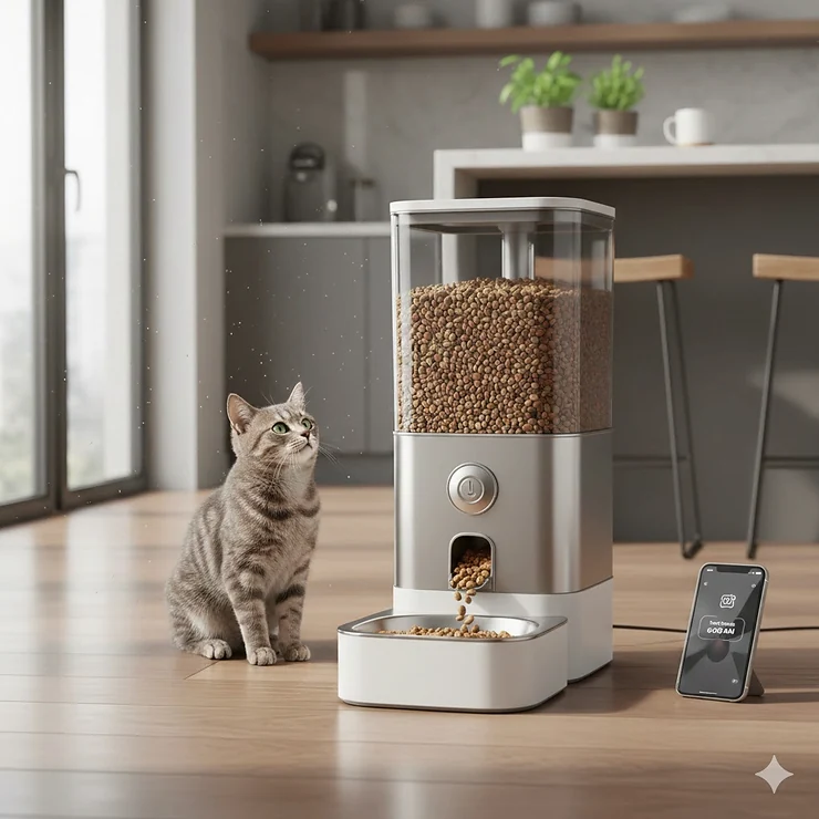 A sleek automatic cat feeder dispensing kibble into a stainless steel bowl in a modern kitchen setting.
